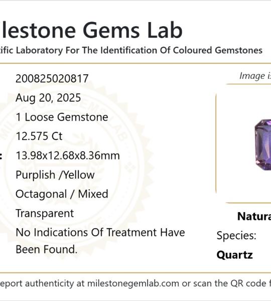 12.575 Ct Natural Purplish Yellow Quartz